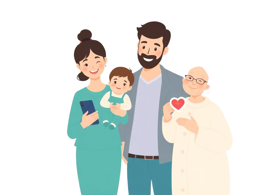 Ilustração de uma família feliz usando o app Cuidou para organizar a saúde